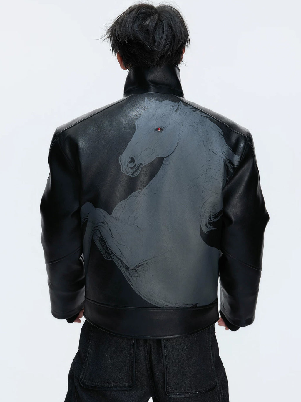 Embroidered Horse Back Leather Moto Jacket