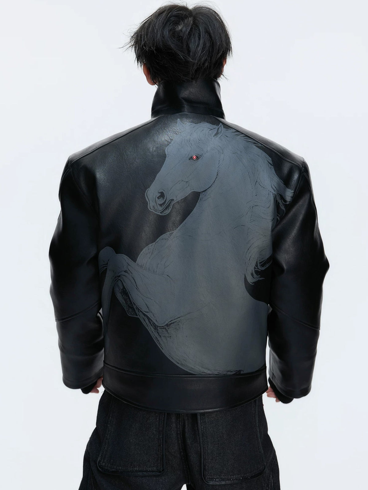 Embroidered Horse Back Leather Moto Jacket