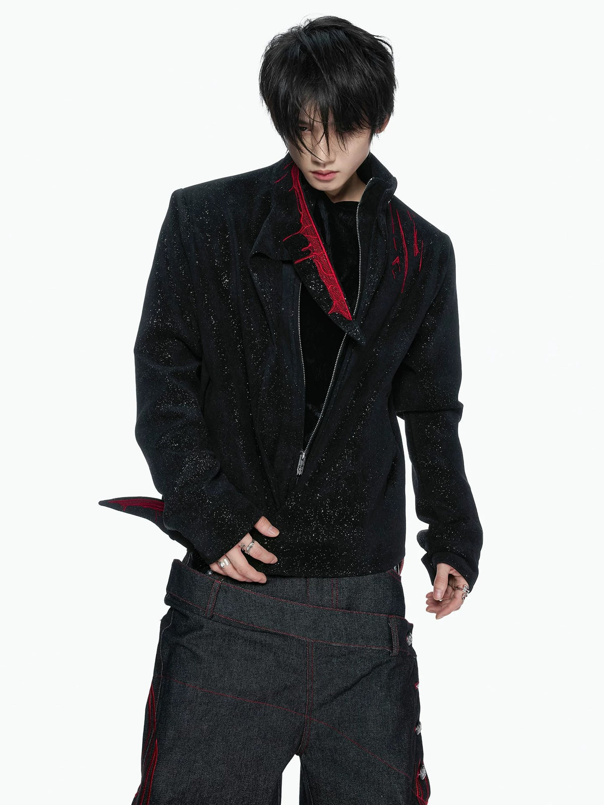 Gothic Crimson-Accented Textured Zip-Up Jacket