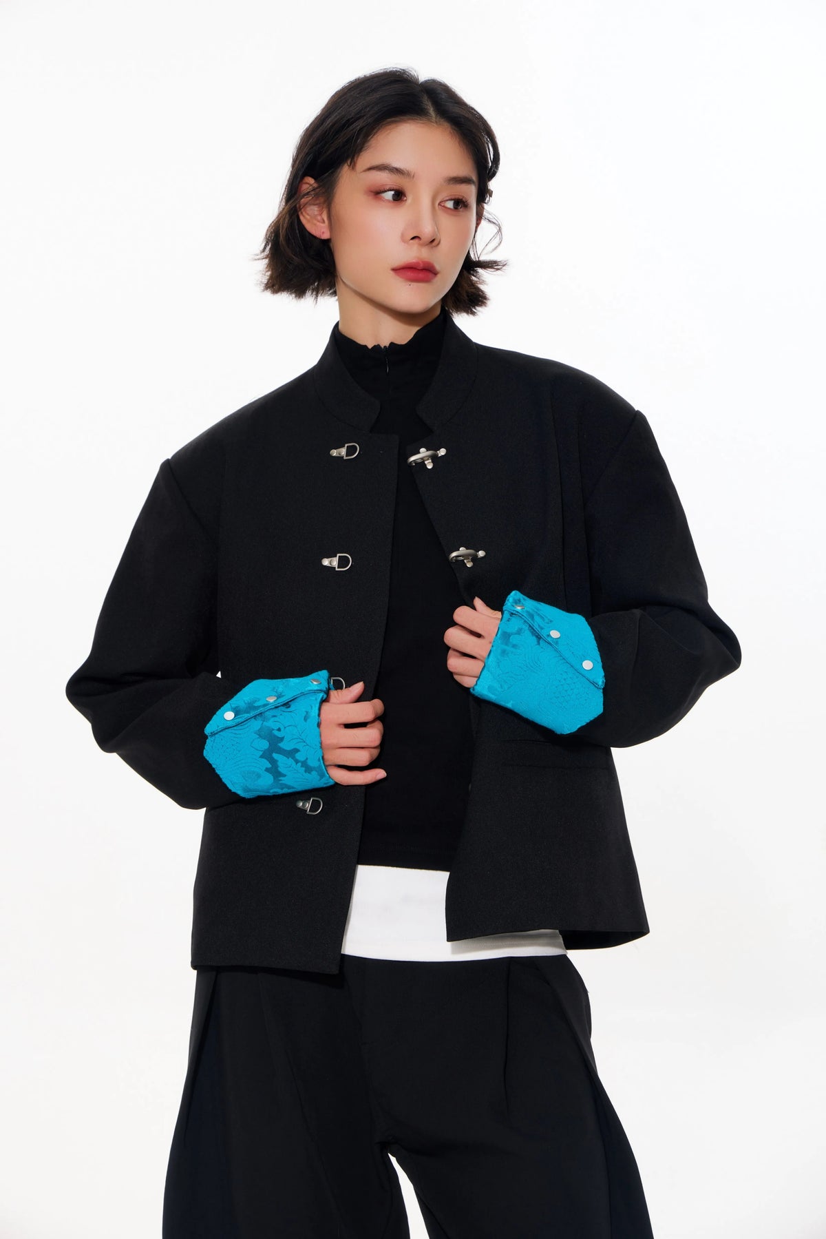 Mandarin-Collar Metal-Clasp Jacket with Contrast Cuffs