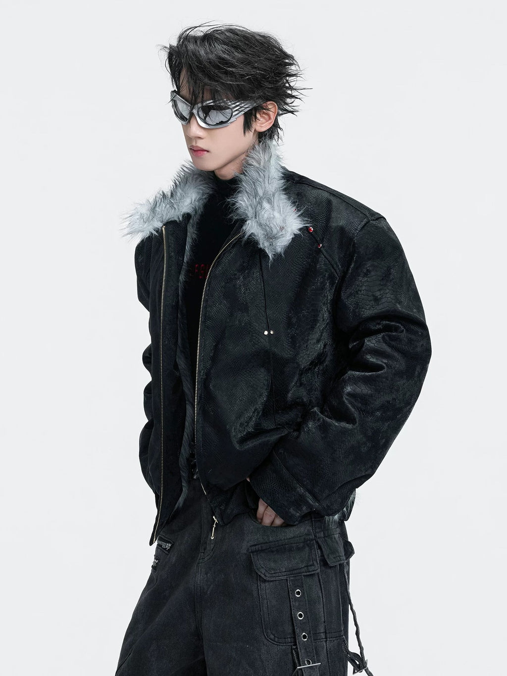 Gothic High-Neck Studded Faux-Leather Fur Jacket