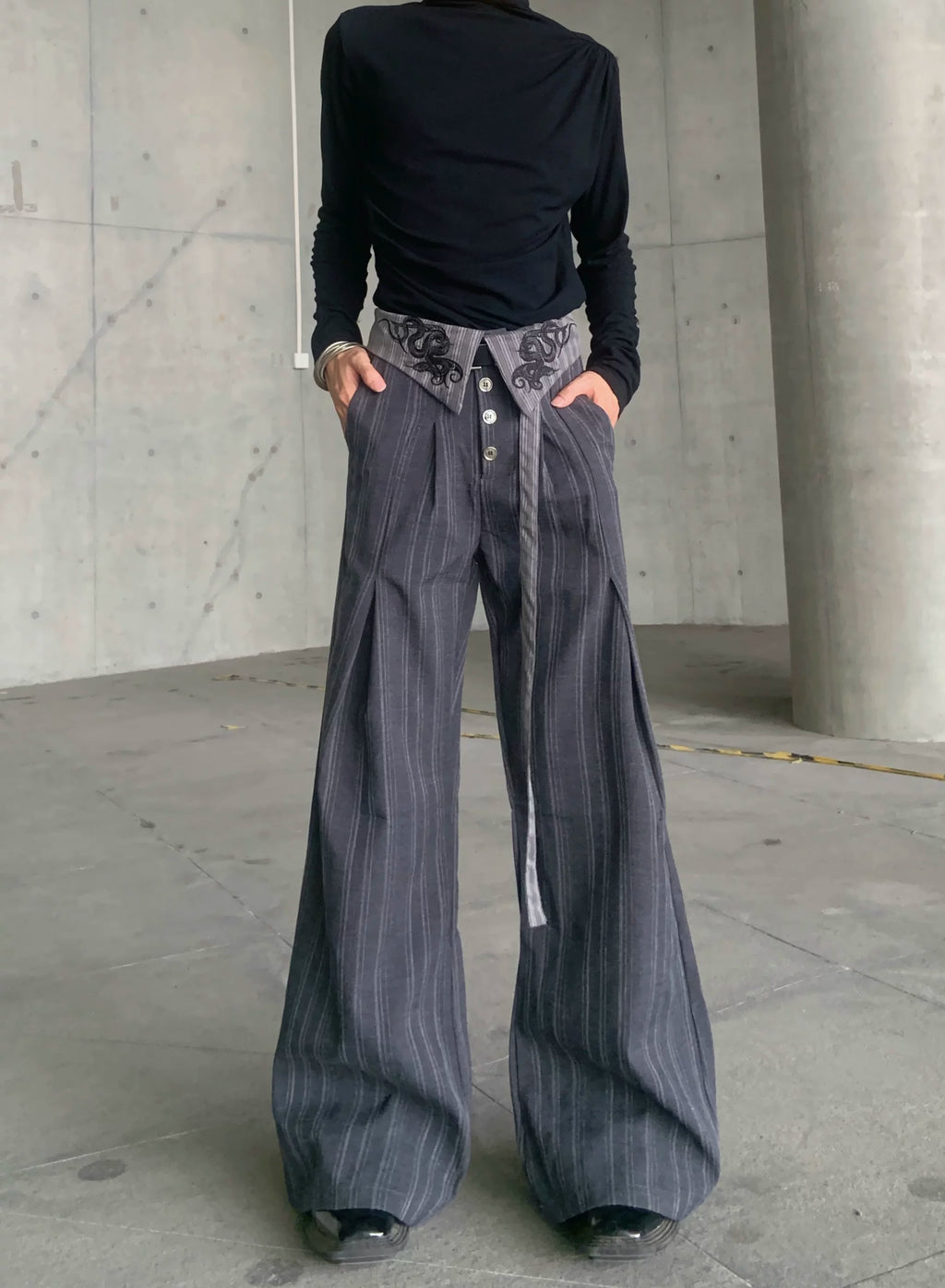 Embroidered Pinstripe Fold-Over Trousers