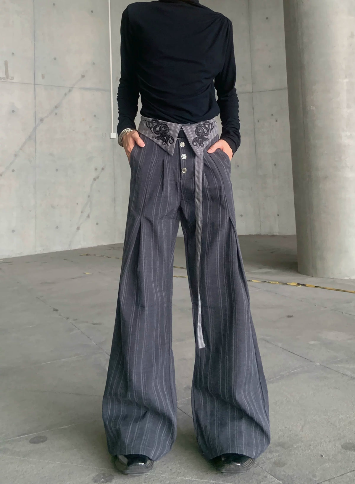 Embroidered Pinstripe Fold-Over Trousers