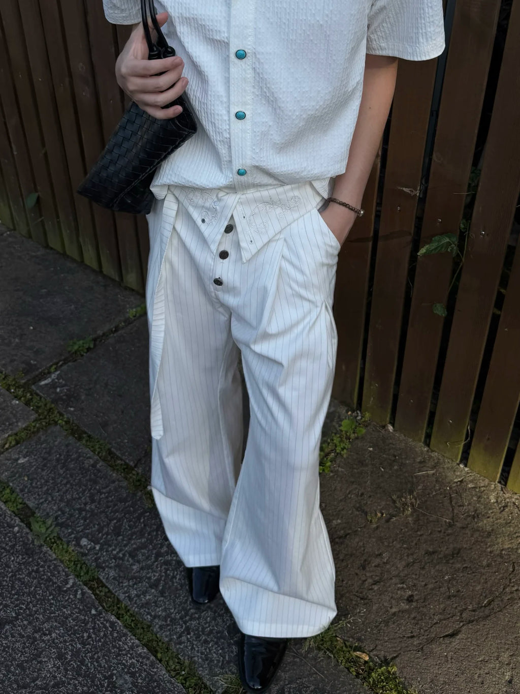 Embroidered Fold-Over Lapel Pinstripe Wide-Leg Trousers