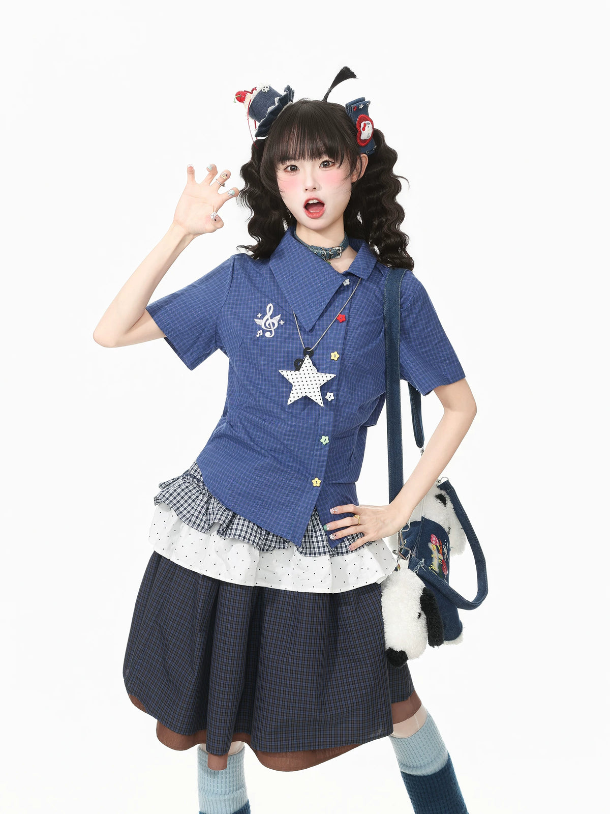 Kawaii Asymmetric Collar Plaid Short-Sleeve Shirt