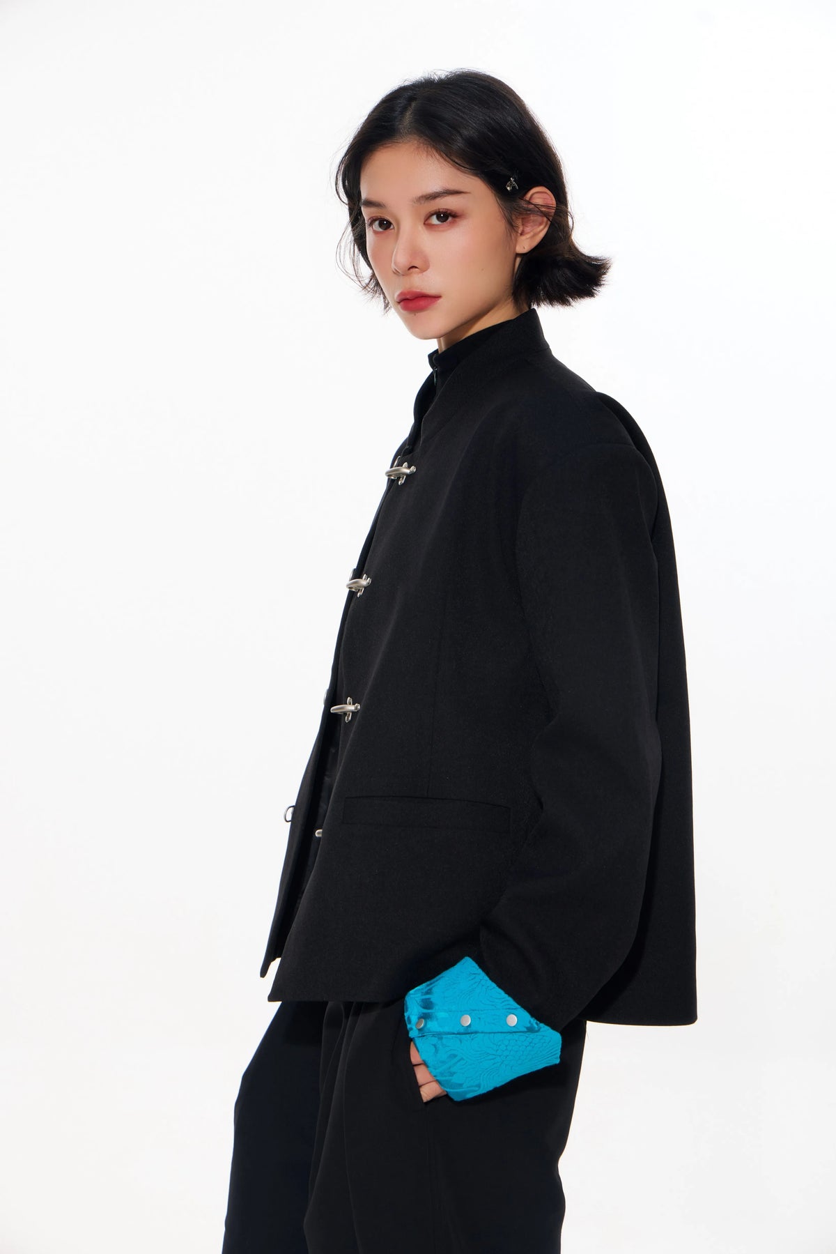 Mandarin-Collar Metal-Clasp Jacket with Contrast Cuffs