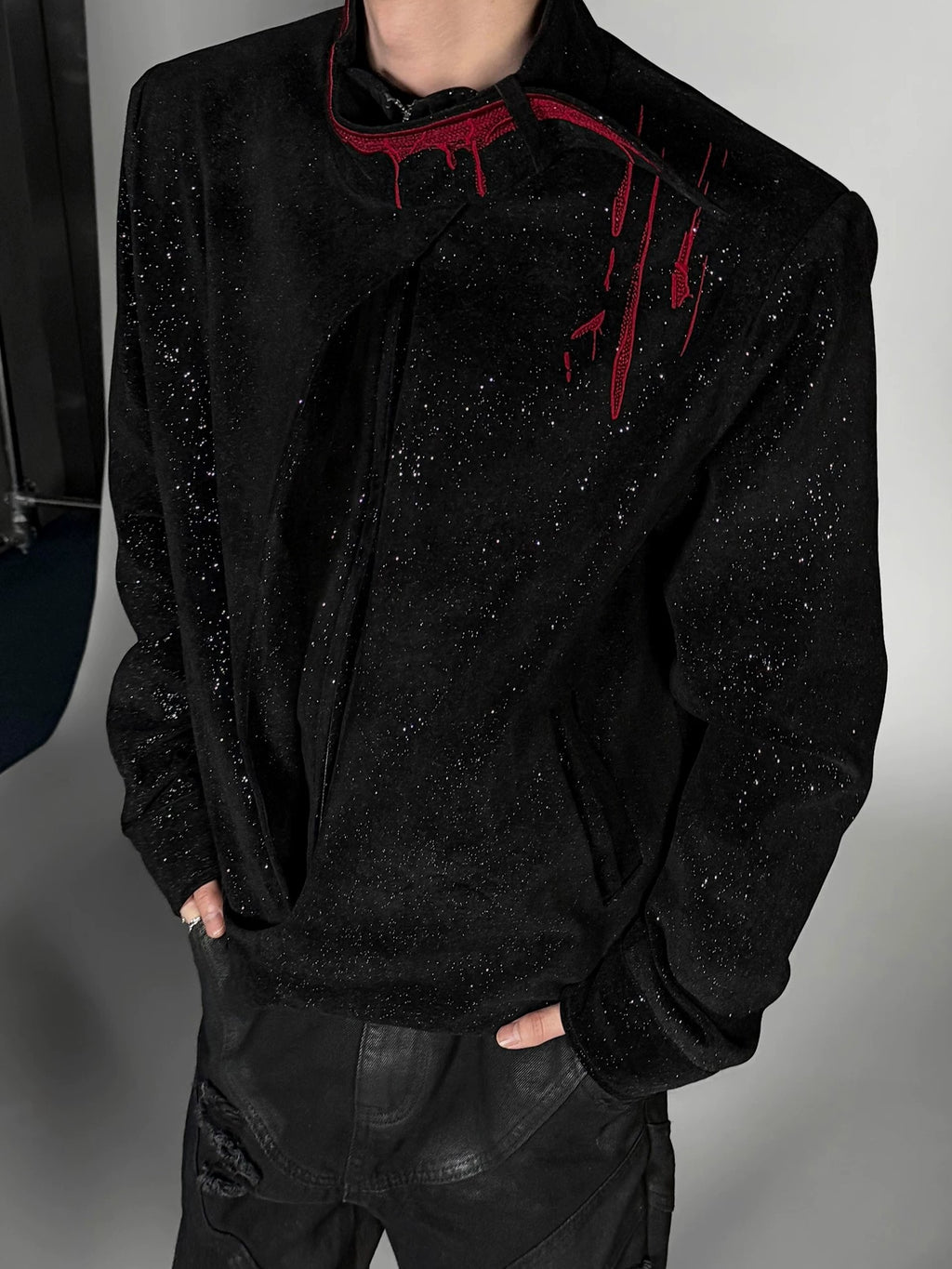 Gothic Crimson-Accented Textured Zip-Up Jacket