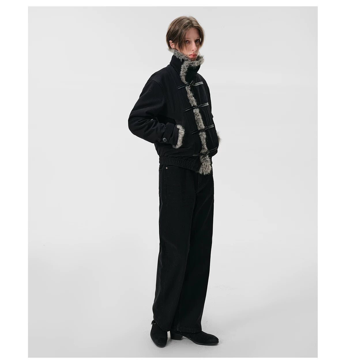 Avant-Garde High-Collar Fur-Lined Toggle Jacket