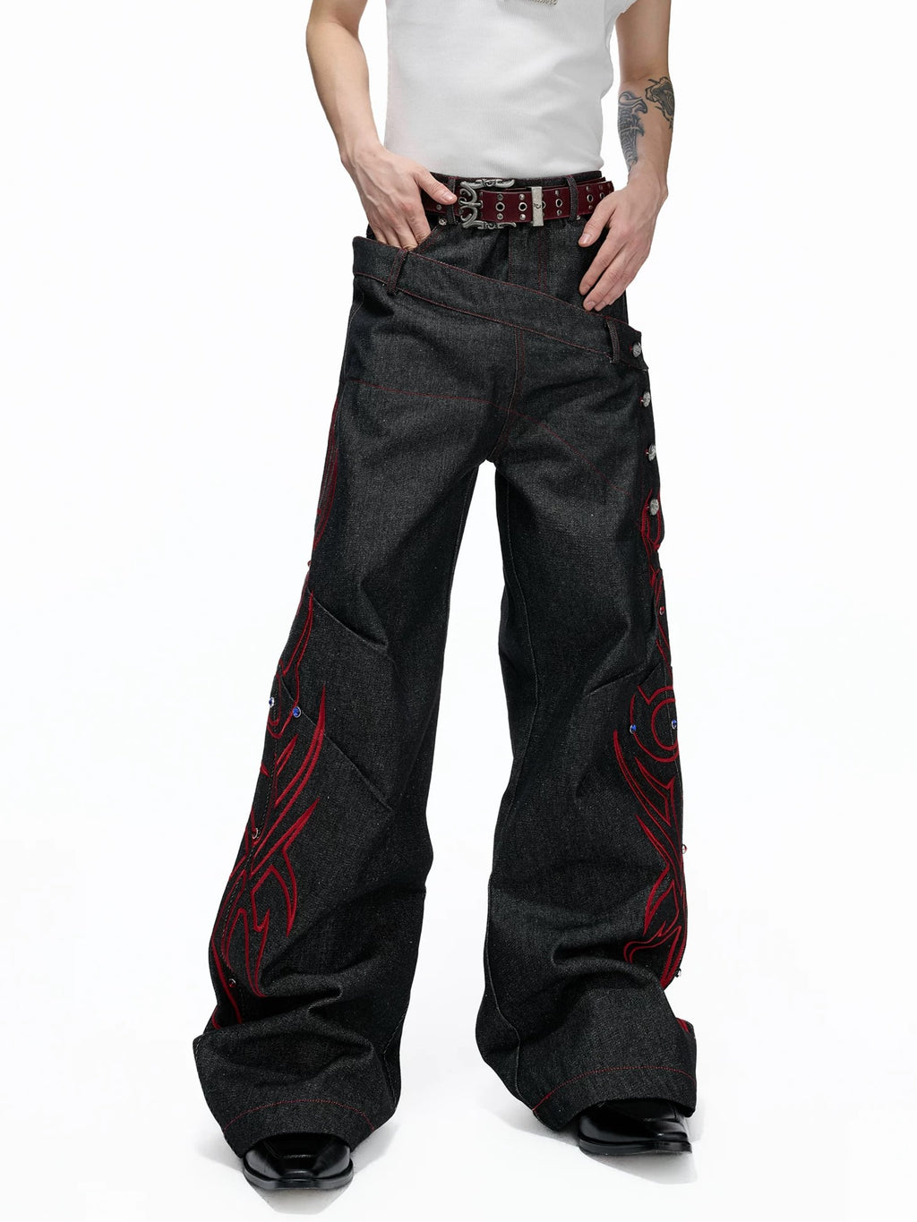 Gothic Tribal Embroidered Articulated Wide-Leg Jeans