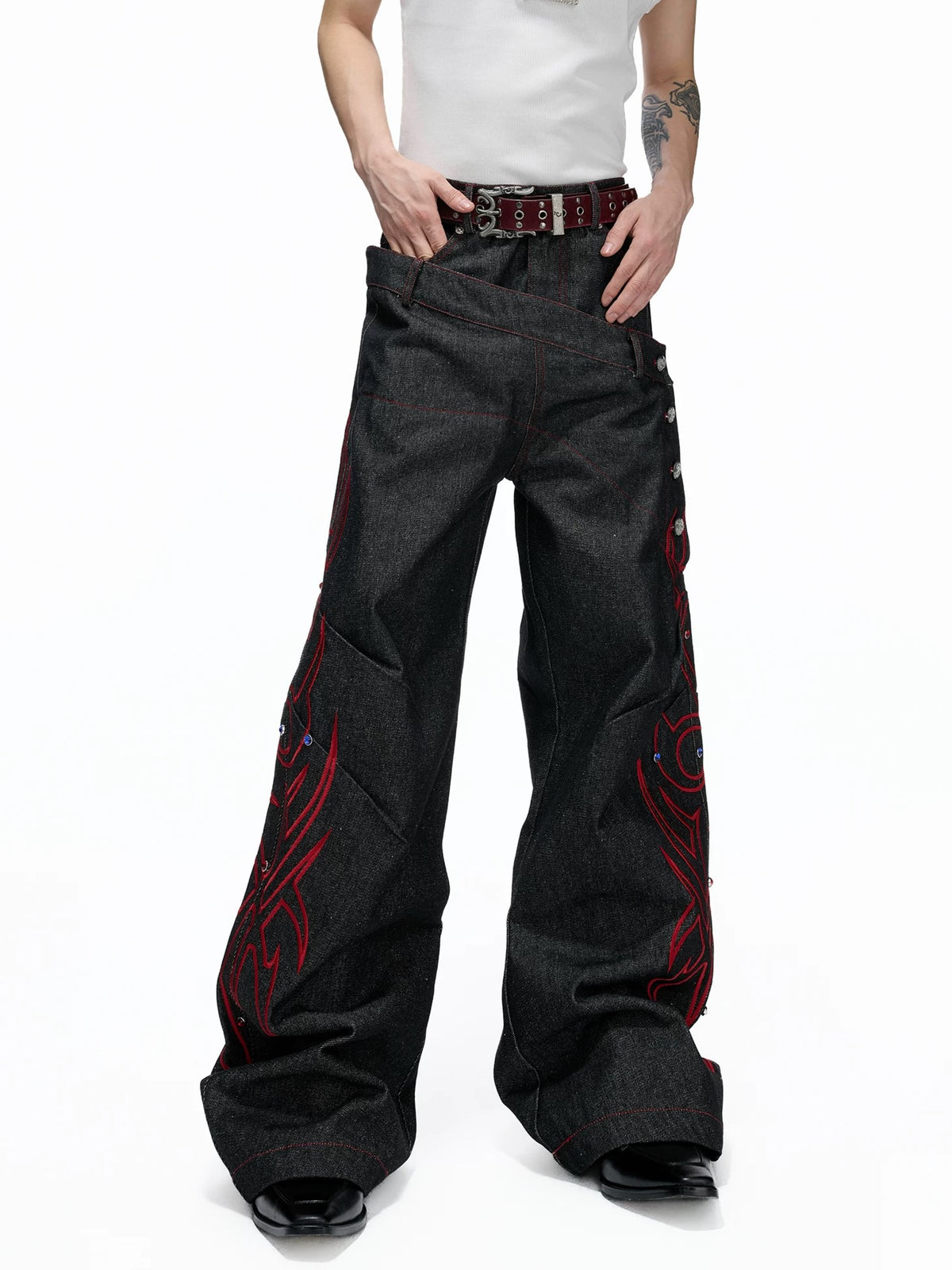 Gothic Tribal Embroidered Articulated Wide-Leg Jeans