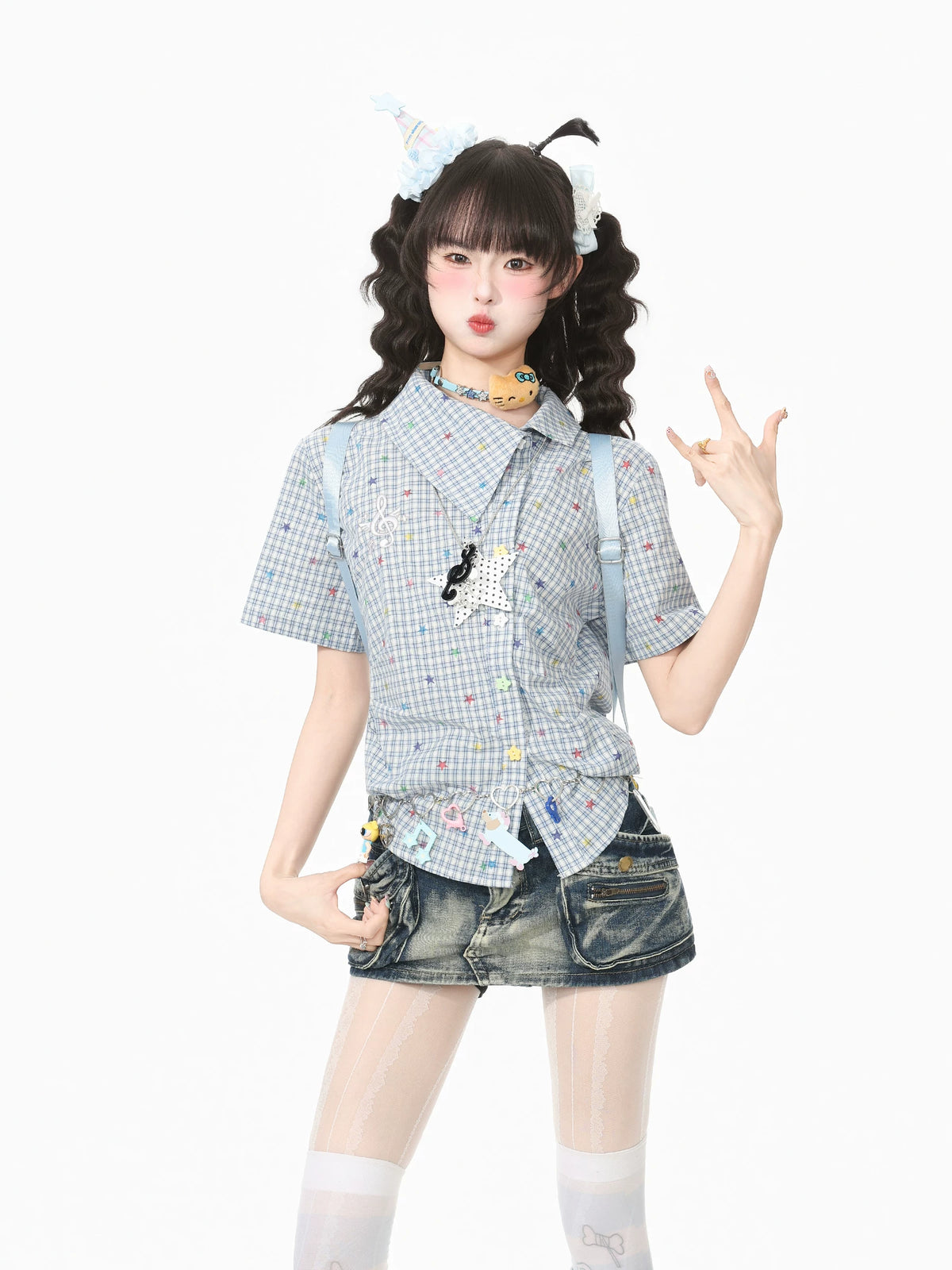 Kawaii Asymmetric Collar Plaid Short-Sleeve Shirt