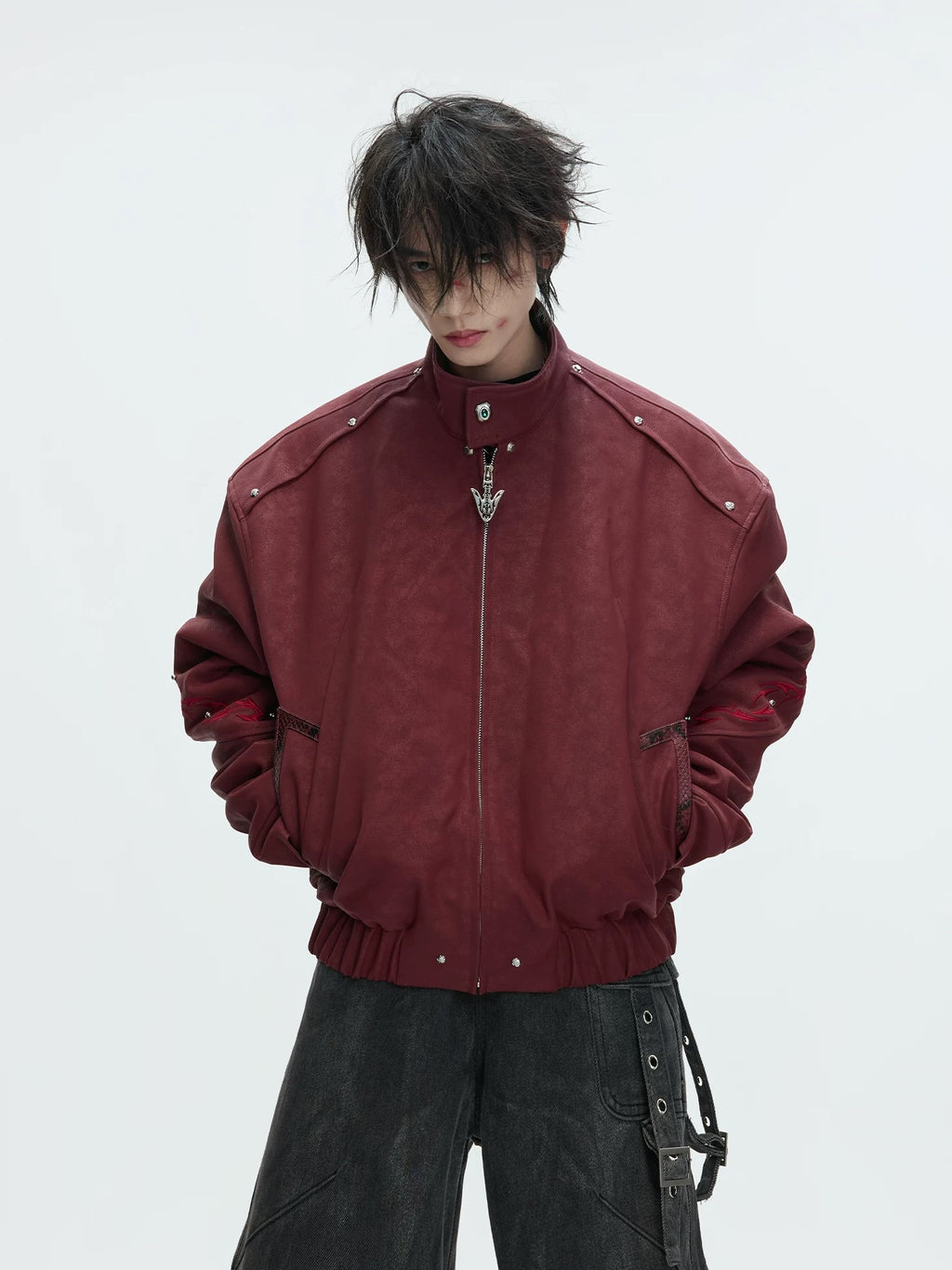 Detachable Fur-Collar Studded Utility Bomber Jacket