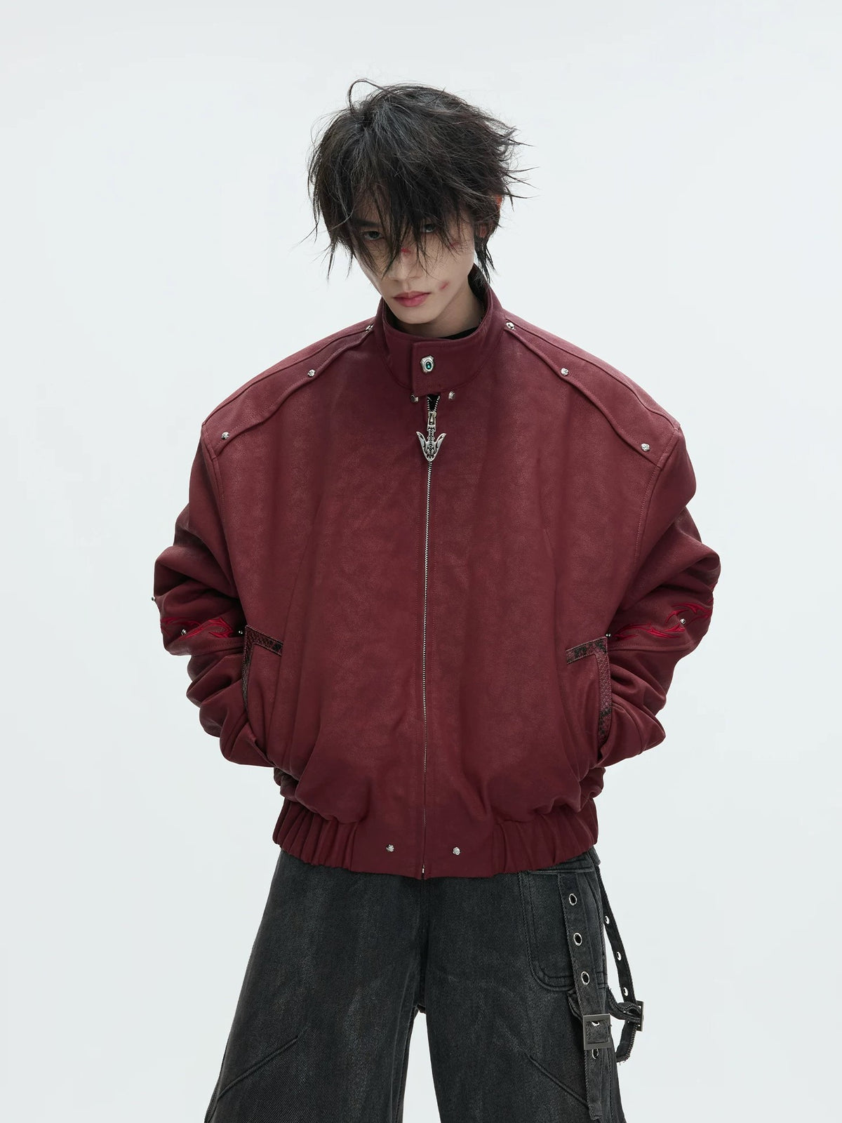 Detachable Fur-Collar Studded Utility Bomber Jacket