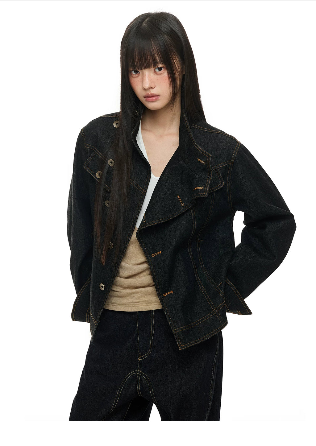 Diagonal Button Denim Jacket