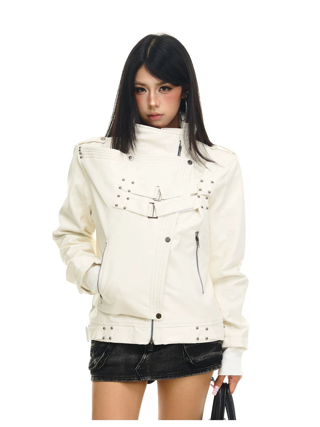 Gothic Industrial Buckled-Placket Leather Biker Jacket