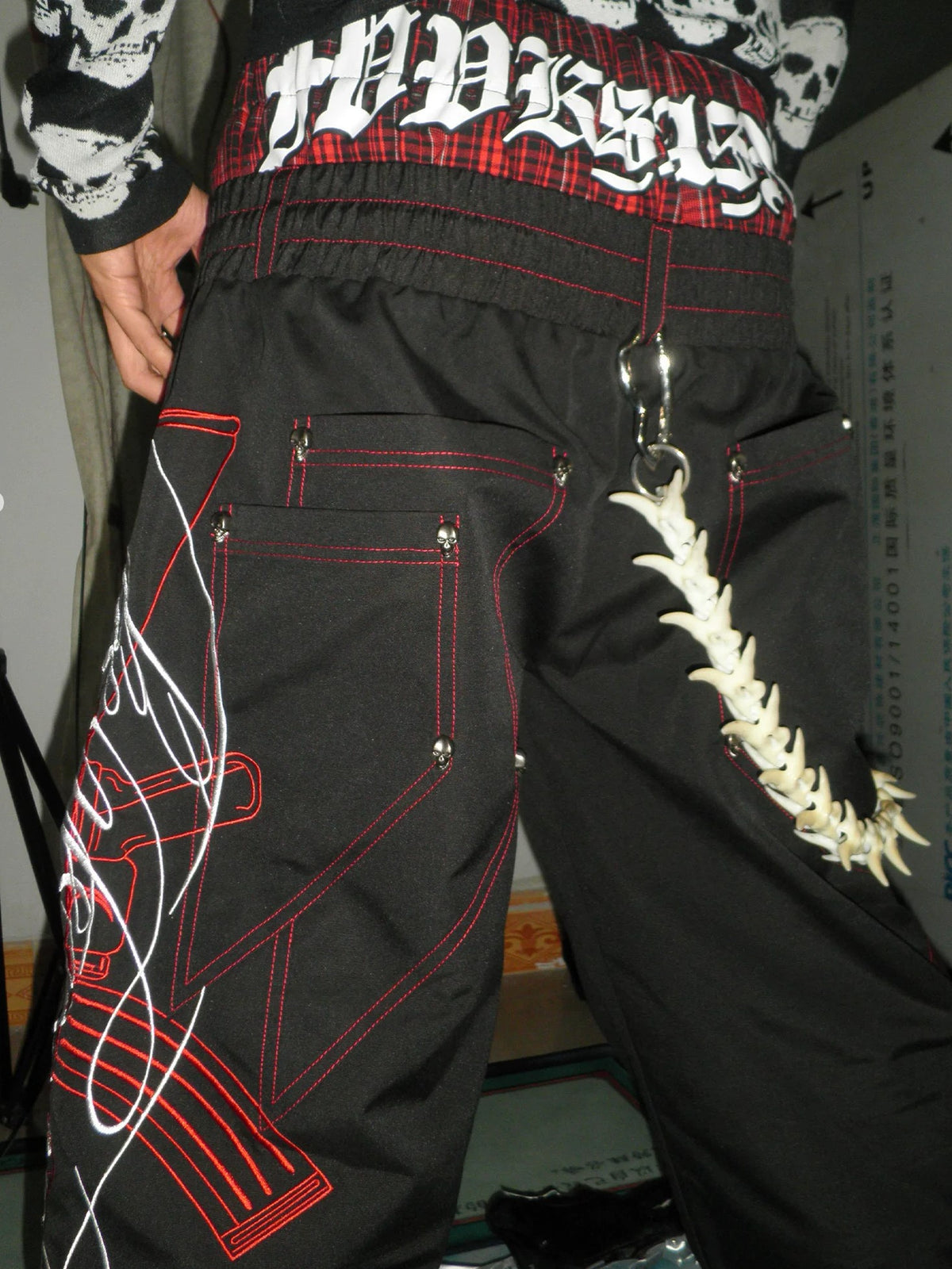 Darkwear Tribal Script Red-Piping Wide-Leg Trousers