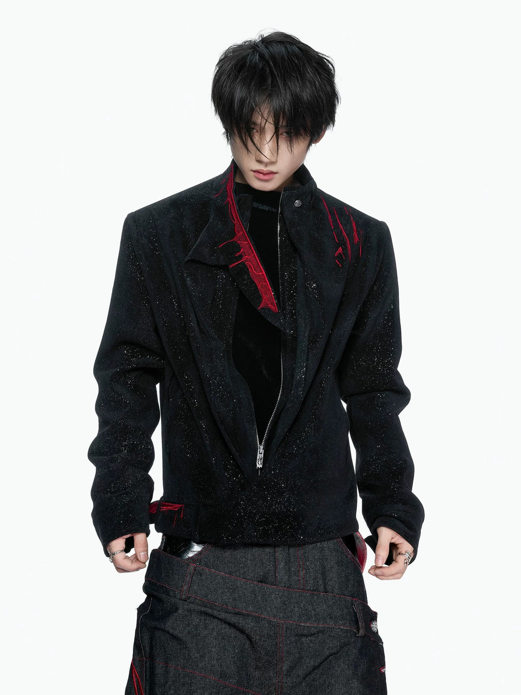 Gothic Crimson-Accented Textured Zip-Up Jacket