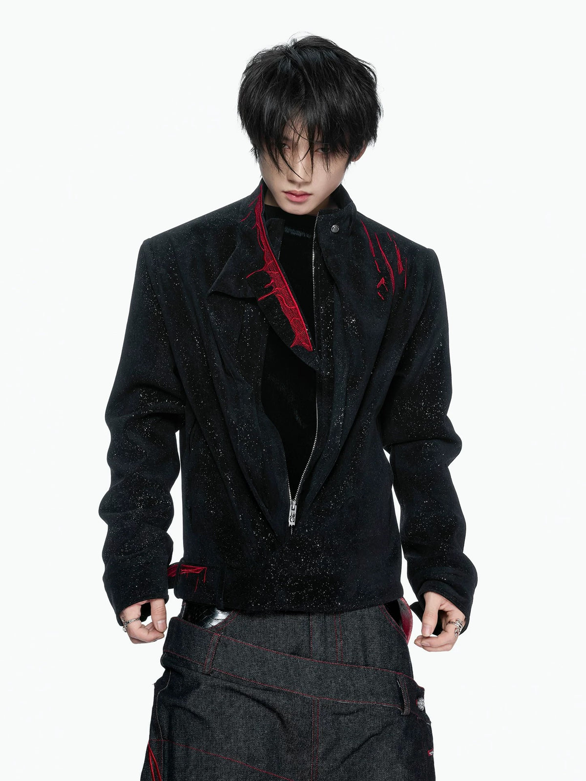 Gothic Crimson-Accented Textured Zip-Up Jacket