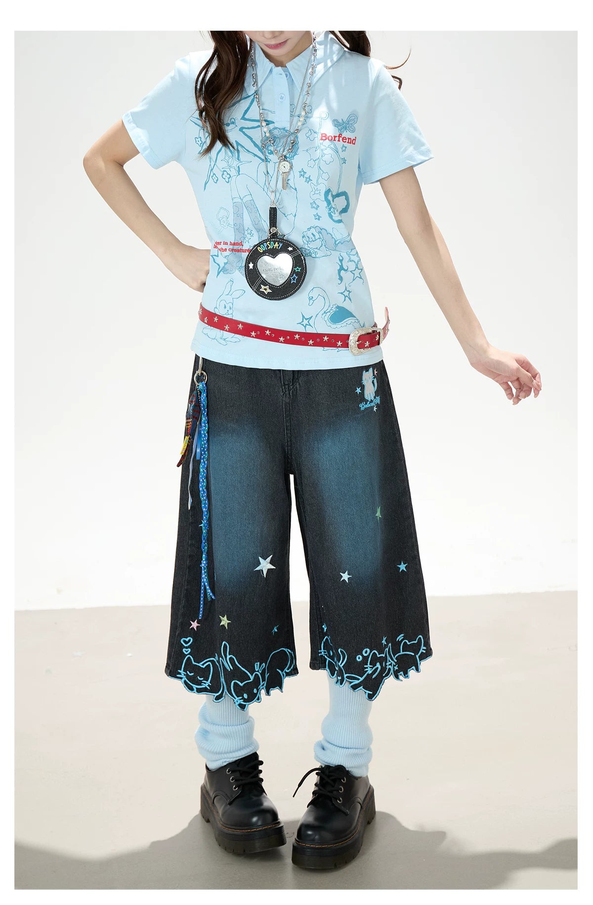 Y2K Harajuku Star & Cat Embroidered Capri Jeans