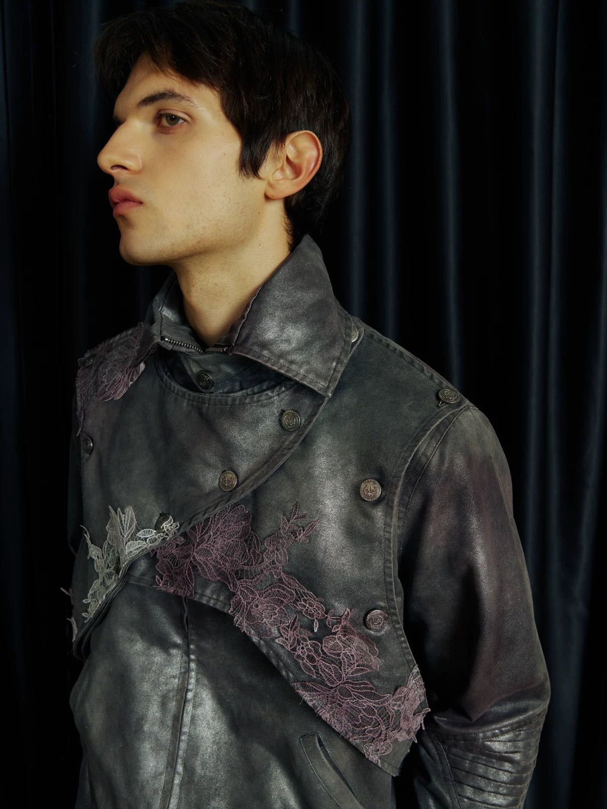 Lace-Applique Asymmetric Flap Leather Biker Jacket