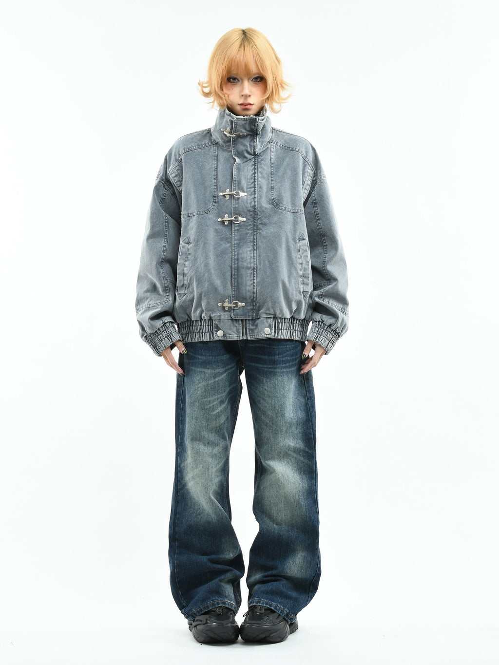 Acid-Washed Denim Fireman Clasp Jacket