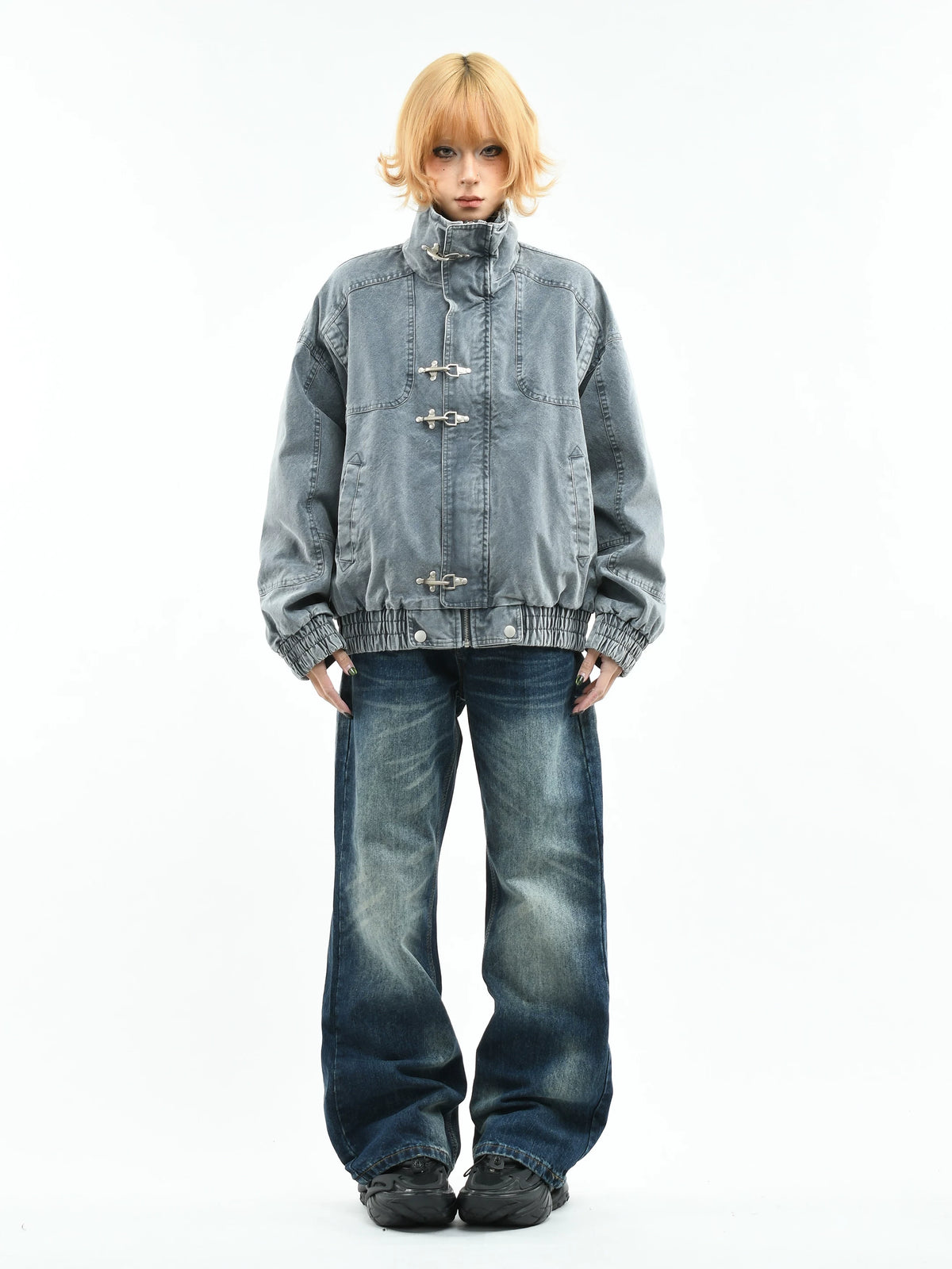 Acid-Washed Denim Fireman Clasp Jacket