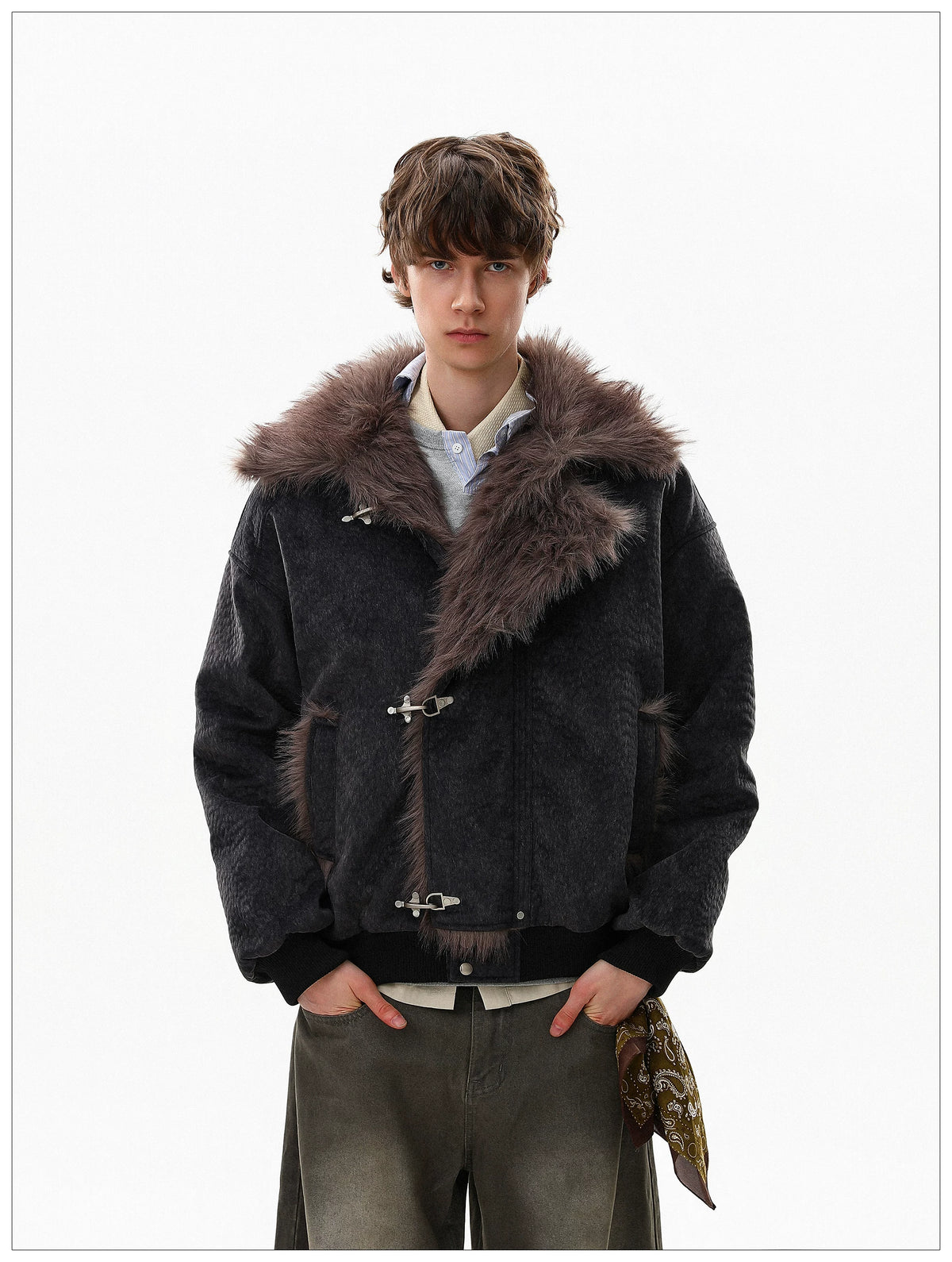 Gothic Fur-Lined Fireman Buckle Bomber Jacket