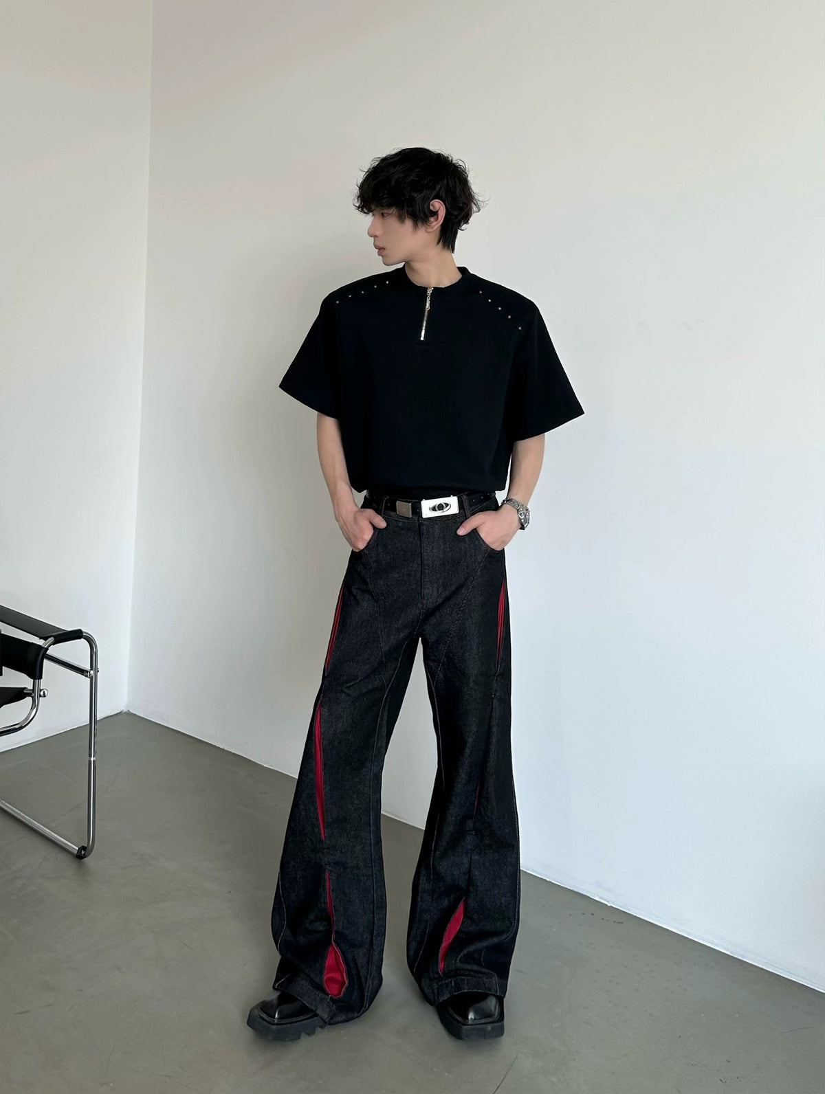 Cyberpunk Articulated Panel Wide-Leg Jeans