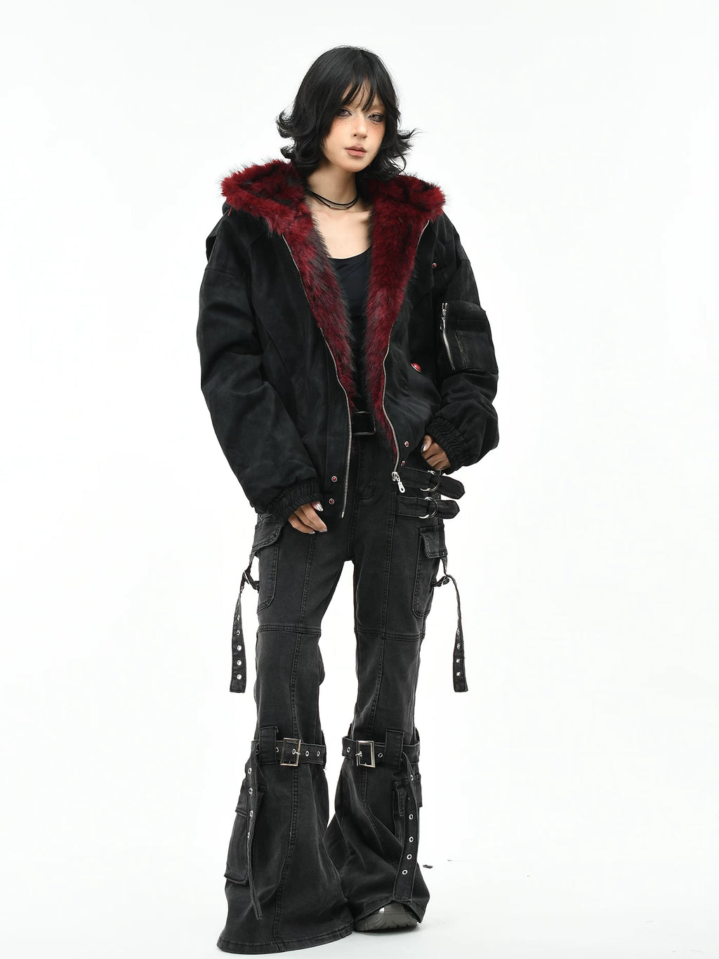 Fur-Trimmed Hooded Suede Utility Bomber Jacket