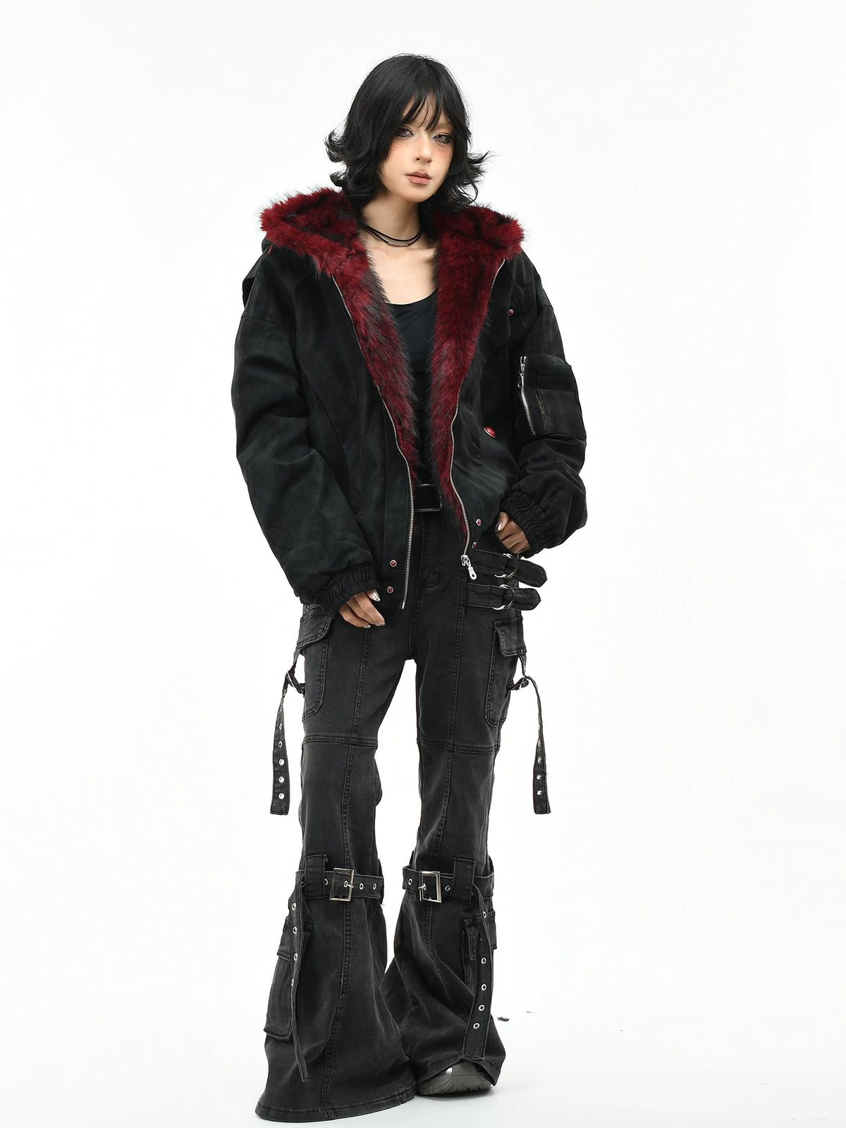 Fur-Trimmed Hooded Suede Utility Bomber Jacket