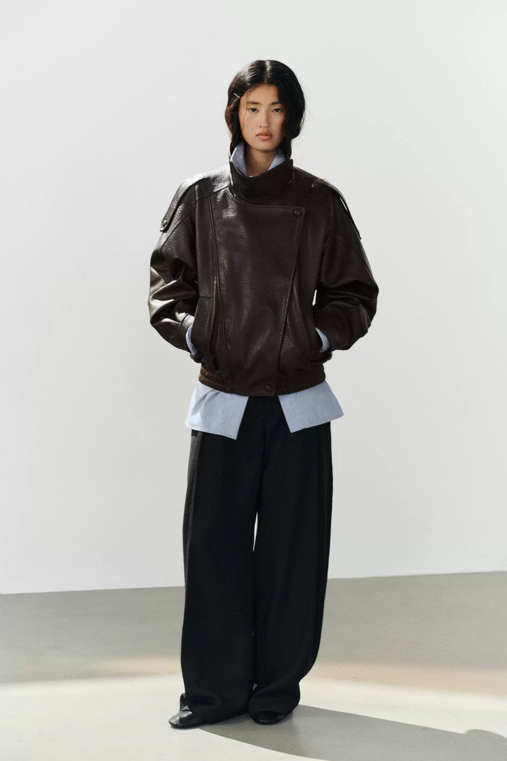 Asymmetric Snap-Up Leather Fencing Jacket