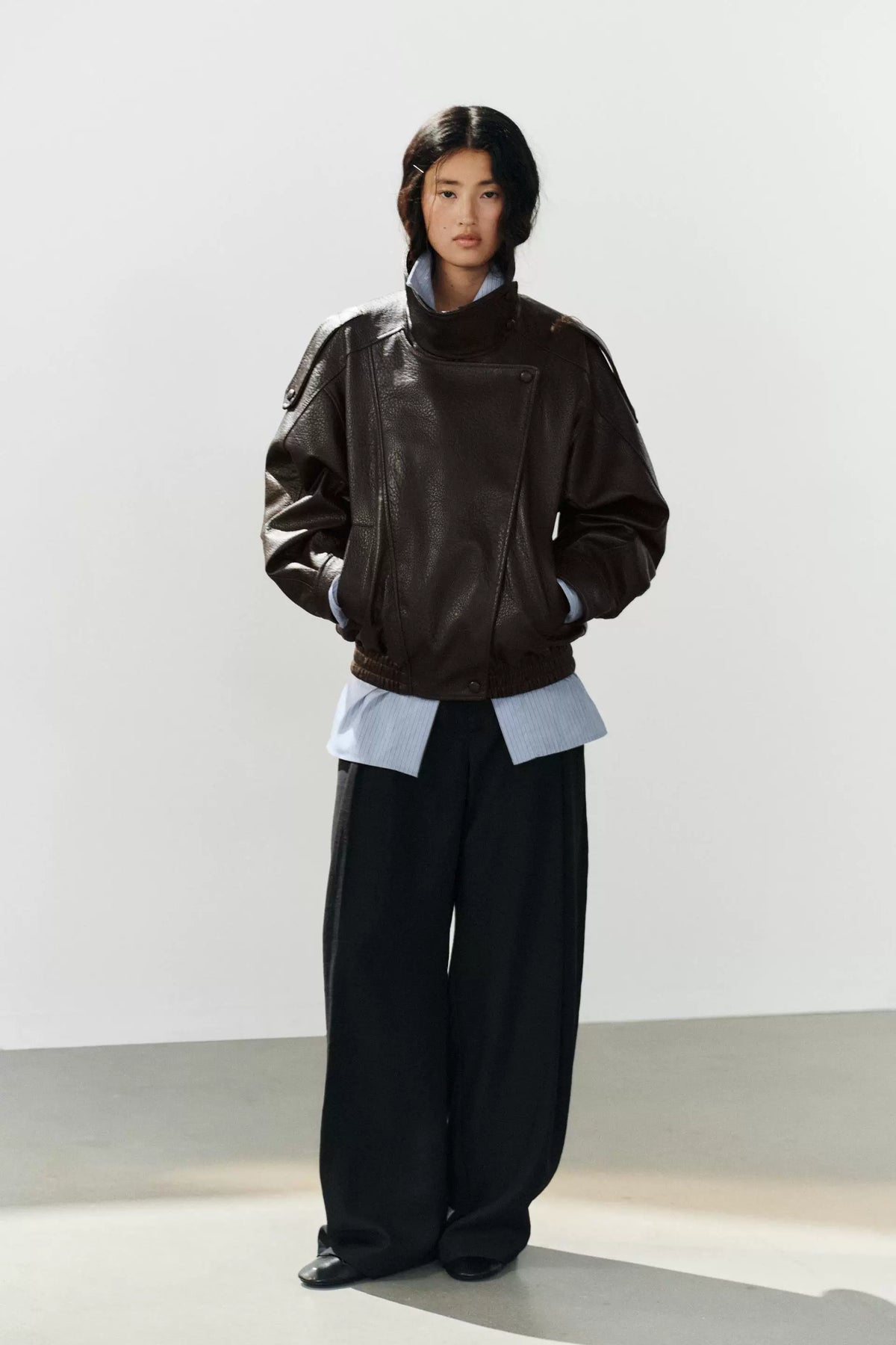 Asymmetric Snap-Up Leather Fencing Jacket