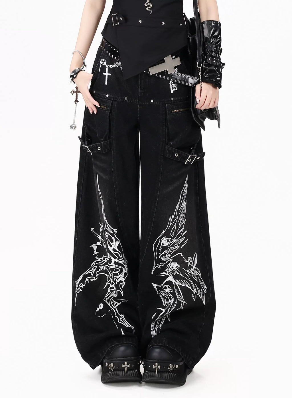 Gothic Cross-Key Graphic Strap-Detailed Cargo Jeans