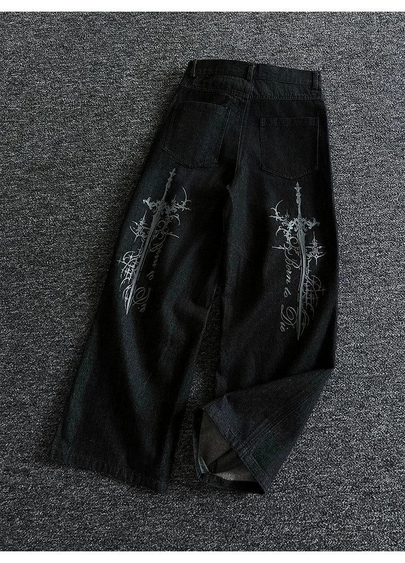 Gothic Cross Wide-Leg Jeans