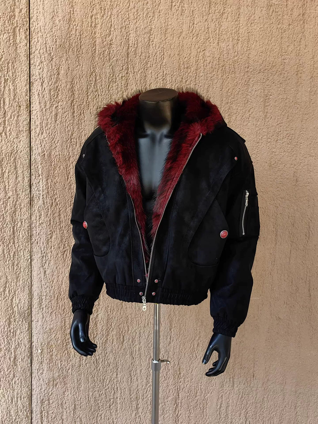 Fur-Trimmed Hooded Suede Utility Bomber Jacket