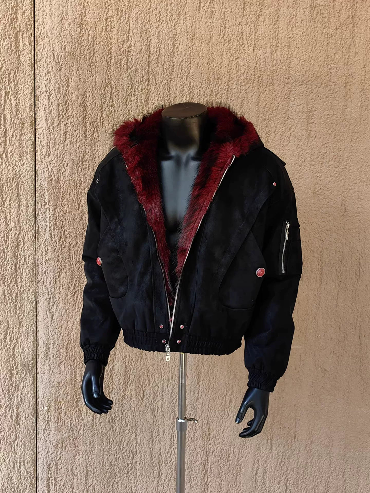 Fur-Trimmed Hooded Suede Utility Bomber Jacket