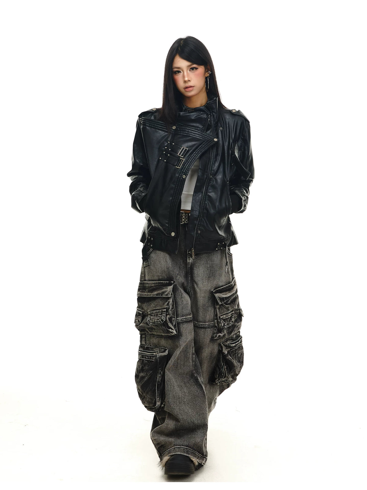 Gothic Industrial Buckled-Placket Leather Biker Jacket