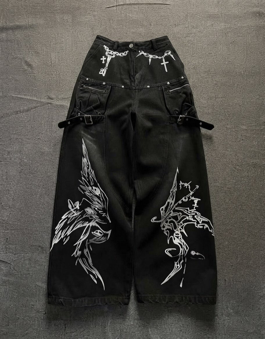 Gothic Cross-Key Graphic Strap-Detailed Cargo Jeans