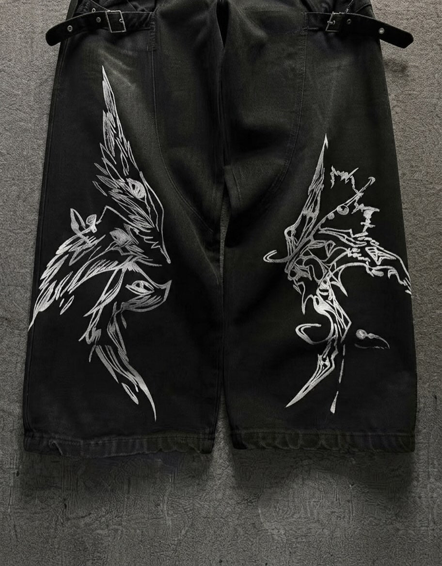 Gothic Cross-Key Graphic Strap-Detailed Cargo Jeans
