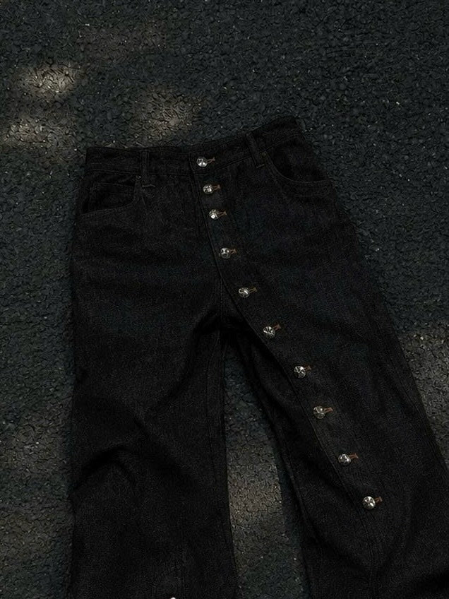 Diagonal Button-Closure Wide-Leg Jeans