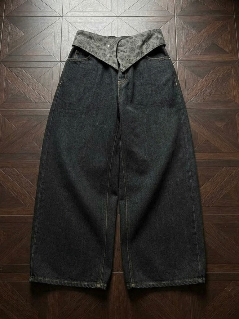 Paisley Bandana Fold-Over Double-Waist Wide-Leg Jeans