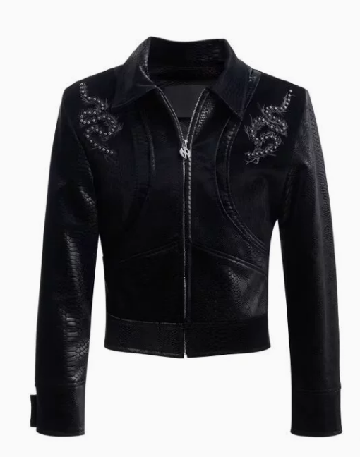 Embroidered Zip-Up Leather Jacket