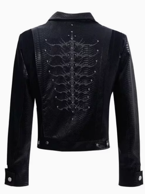 Embroidered Zip-Up Leather Jacket