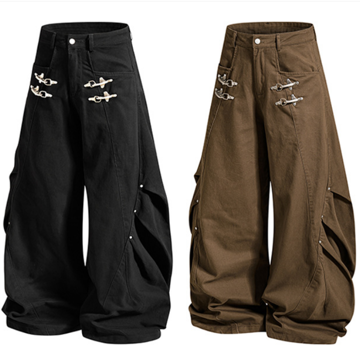 Dual Fireman Clip Riveted Pleated Wide-Leg Trousers