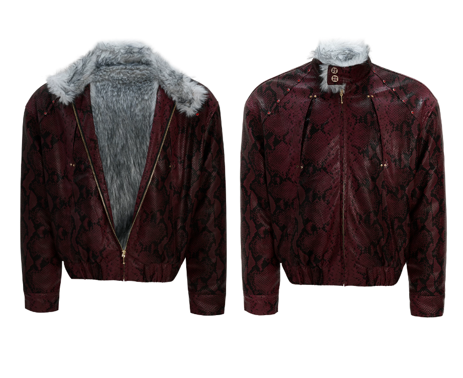 Gothic High-Neck Studded Faux-Leather Fur Jacket
