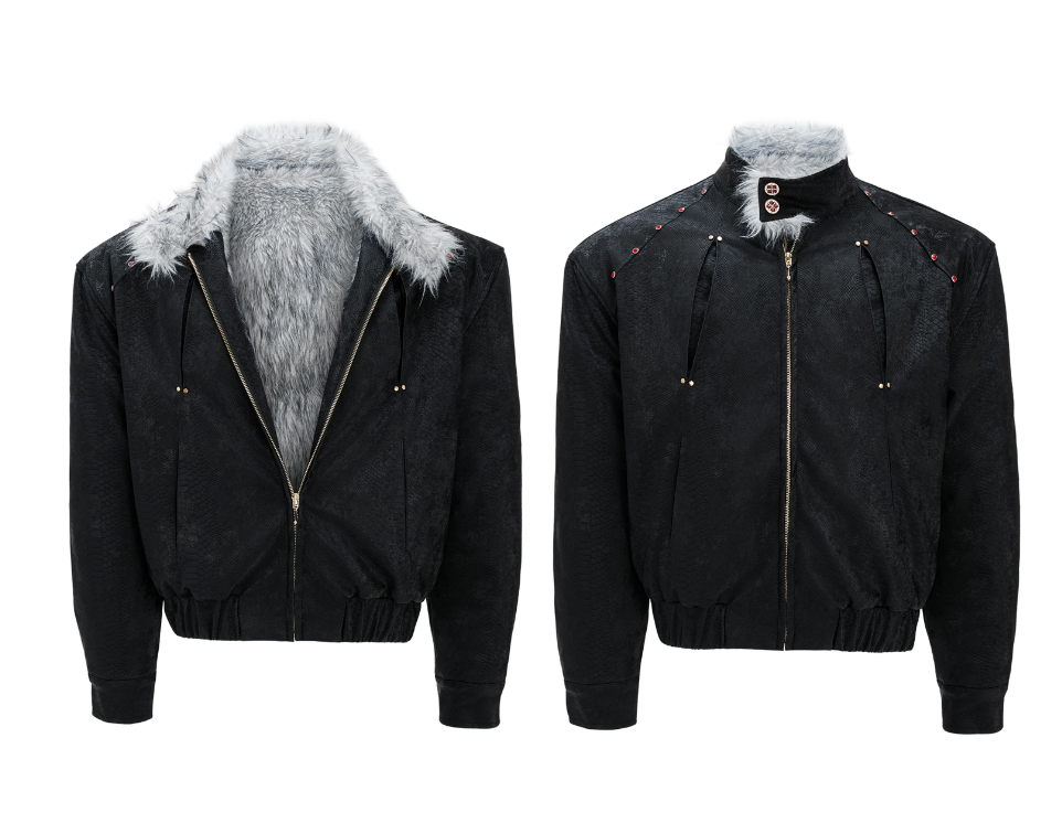 Gothic High-Neck Studded Faux-Leather Fur Jacket