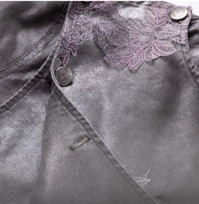Lace-Applique Asymmetric Flap Leather Biker Jacket
