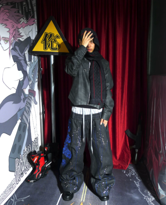 Cyberpunk Blue Dragon Rhinestone Drawstring Denim Pants