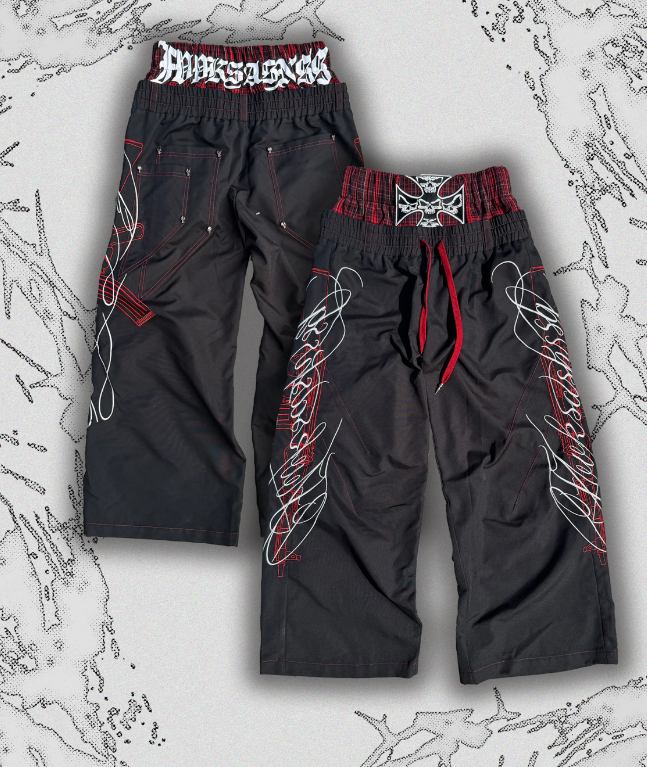 Darkwear Tribal Script Red-Piping Wide-Leg Trousers