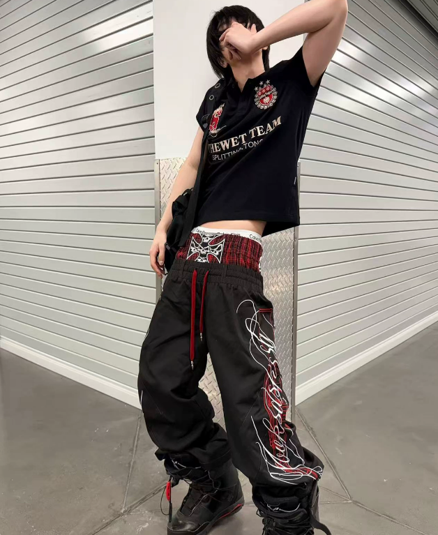 Darkwear Tribal Script Red-Piping Wide-Leg Trousers